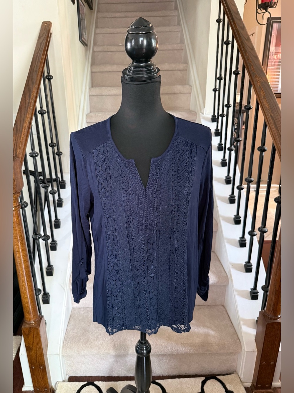 RXB Navy Crochet-Panel Long Sleeve Tunic
